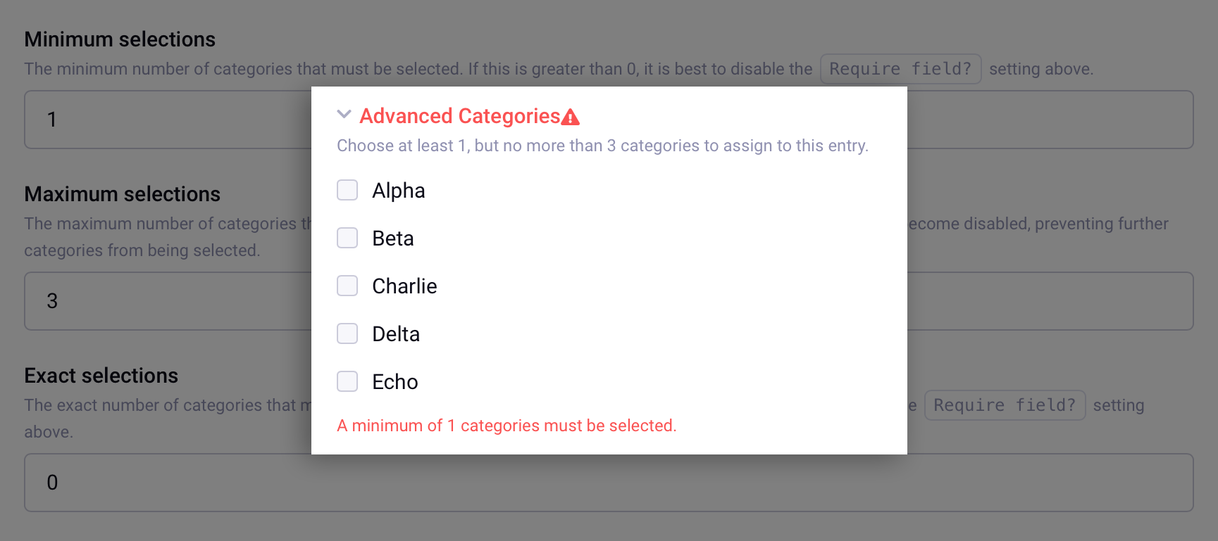 You can select categories from multiple groups, set the field as required, and limit it to a single category selection.