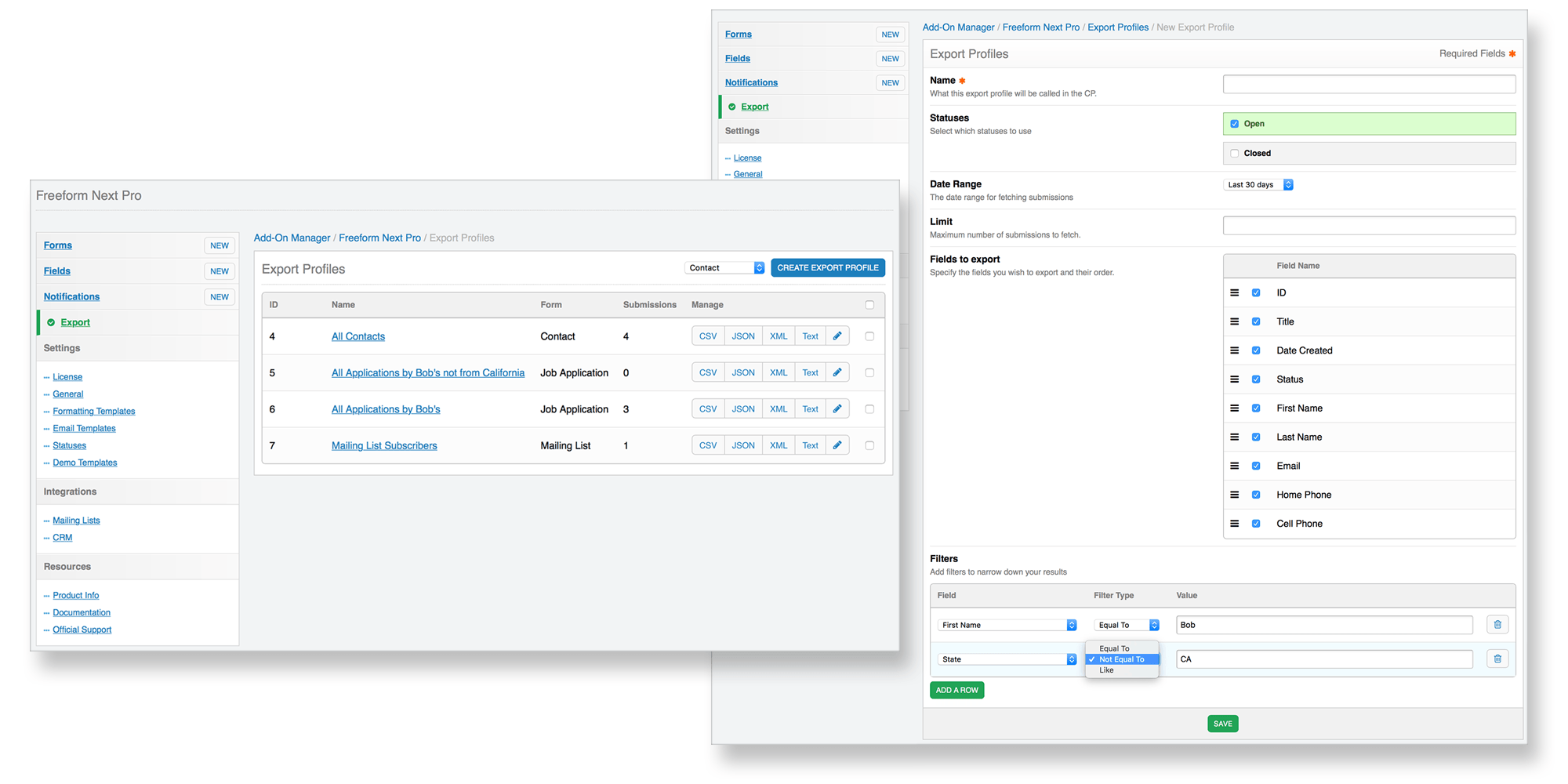 Quickly export submission data or create pre-defined Export Profile reports for your clients to run.