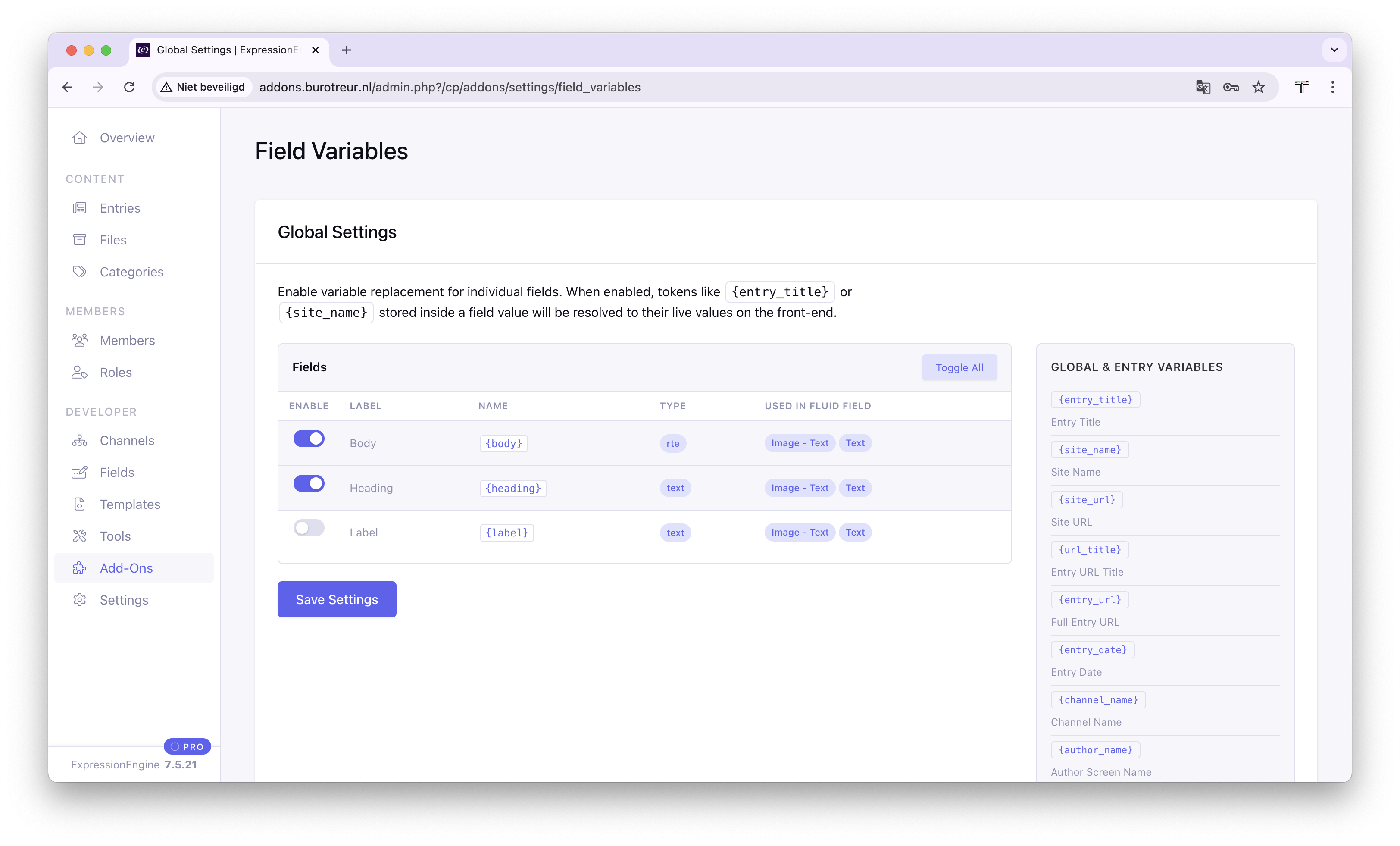 Enable field variables per field