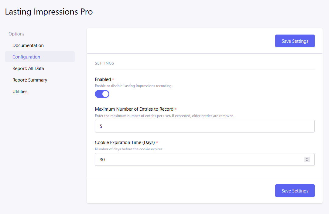 Lasting Impressions Pro Settings Screen